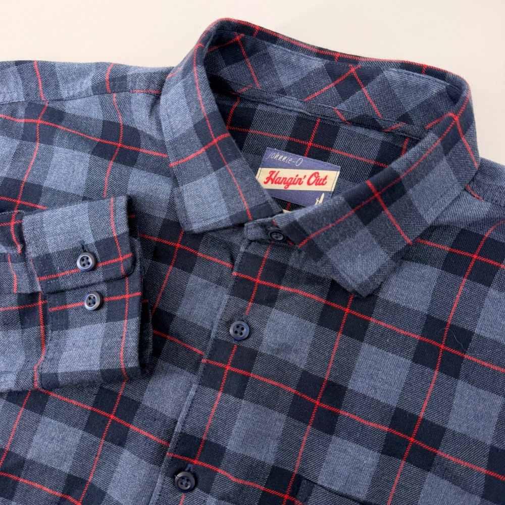 Johnnie-O Hangin Out Shirt Mens Large Blue Gray Red Plaid Cotton Button Down
